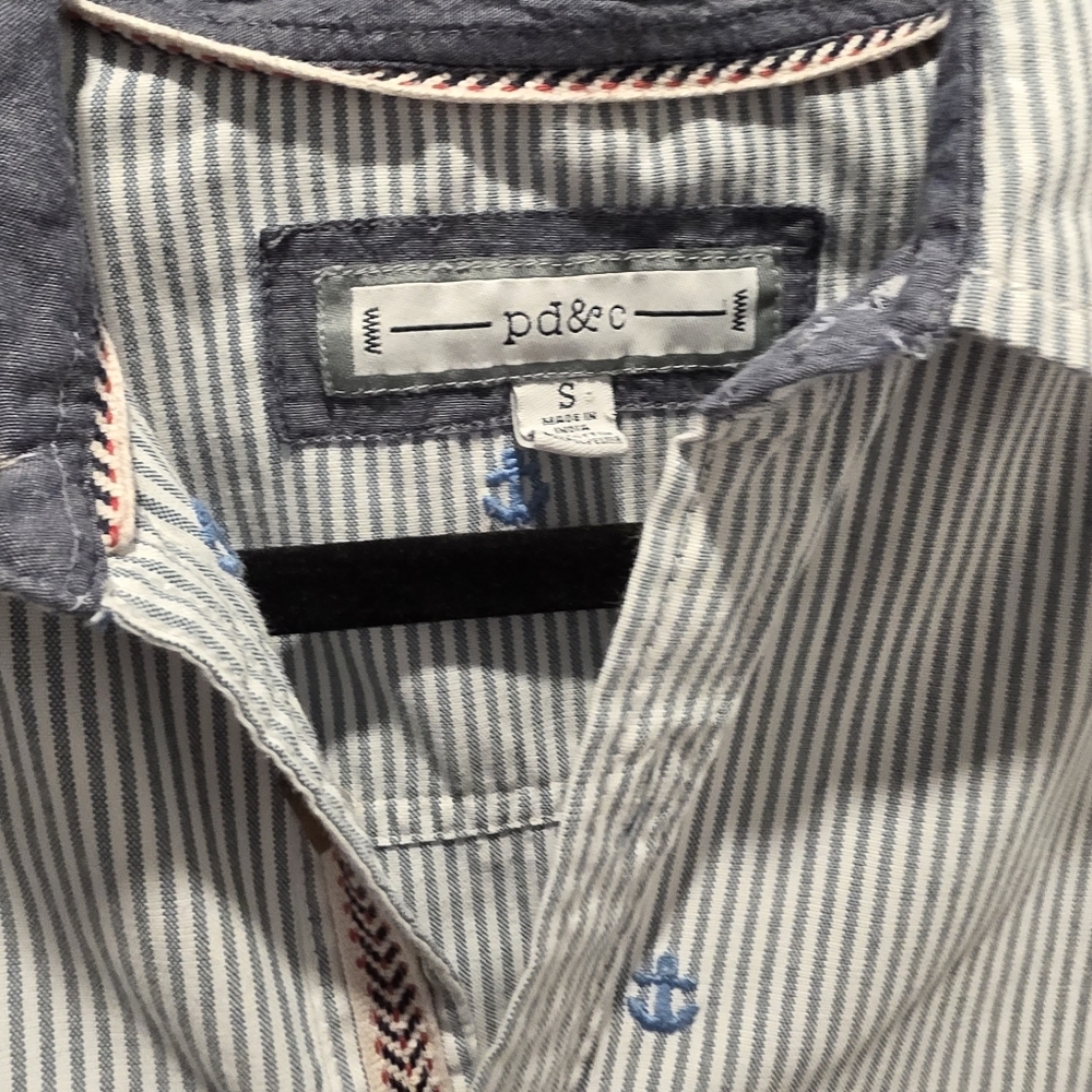 PD&C Men’s Blue White Striped Anchor Button Down Shirt Small Nautical - Picture 4 of 12
